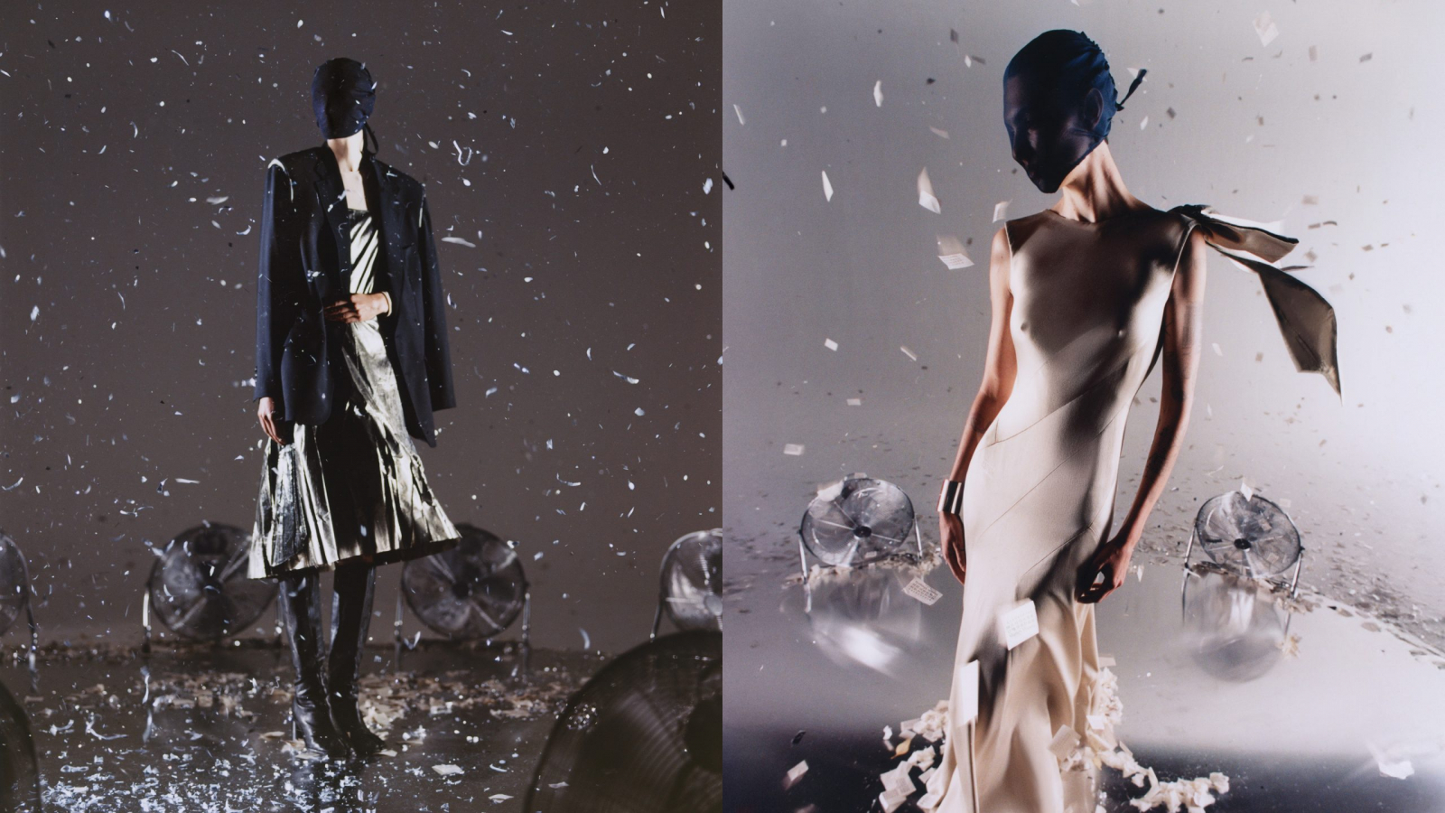 “Maison Margiela Holiday campaign featuring metallic confetti snowstorm and masked models photographed by Frank Lebon.”