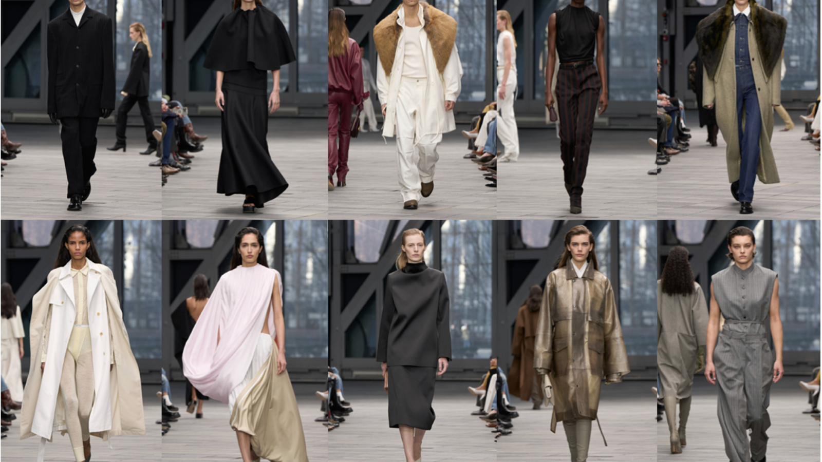 Modelos desfilando looks minimalistas en la pasarela de Calvin Klein Collection Fall 2026 en Nueva York, con sastrería estructurada, capas amplias y siluetas depuradas en tonos neutros.