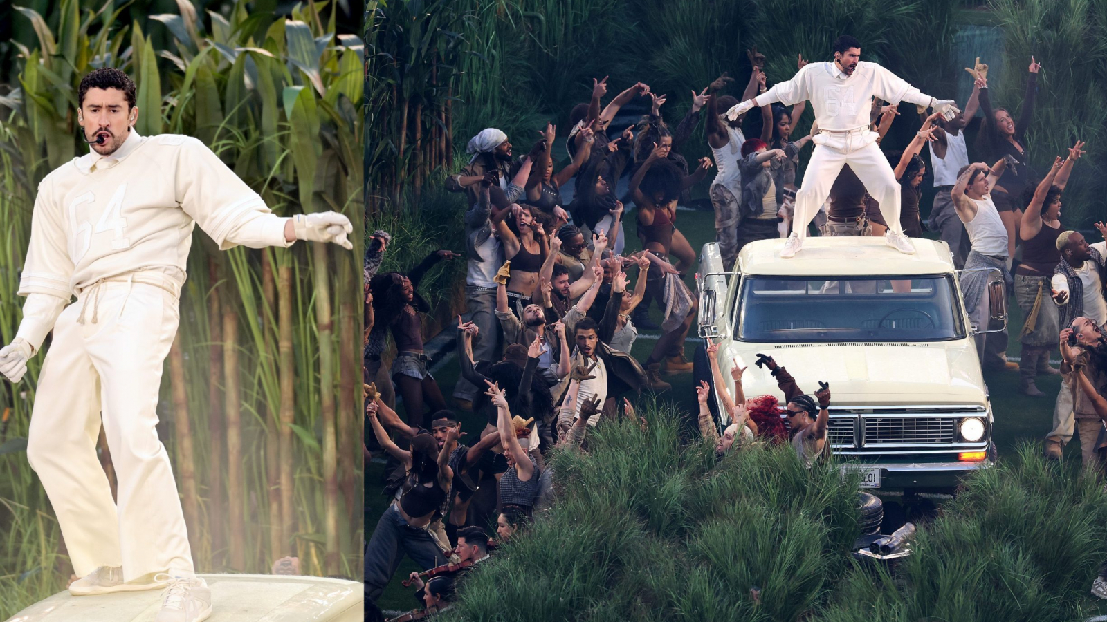 Artista actuando durante el show de medio tiempo del Super Bowl con un look monocromático blanco y sneakers adidas Originals, rodeado de bailarines y público en escena.