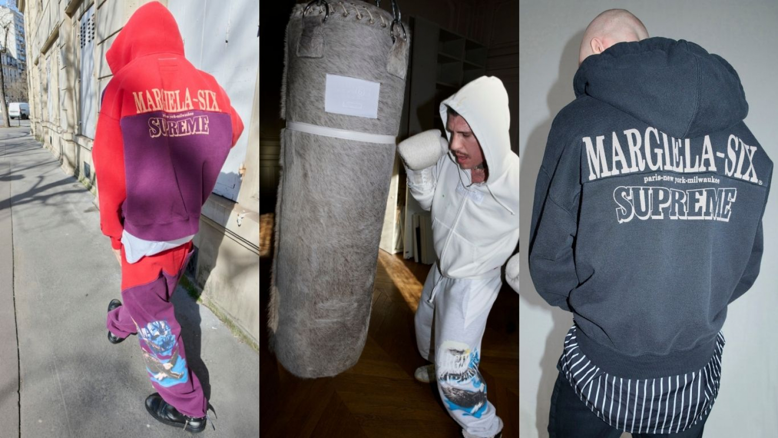 Looks de la colección Supreme x MM6 Maison Margiela Spring 2026 con hoodies oversized y piezas inspiradas en boxeo.
