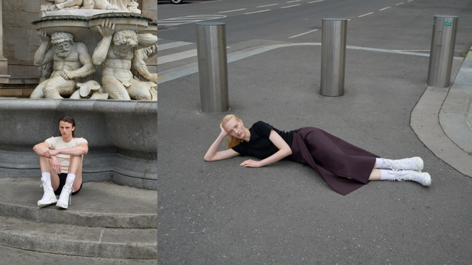 Modelos con Salomon x Rier XA Jungle y XA Pro 3D en blanco óptico, estilizados en entorno urbano minimalista durante campaña editorial.