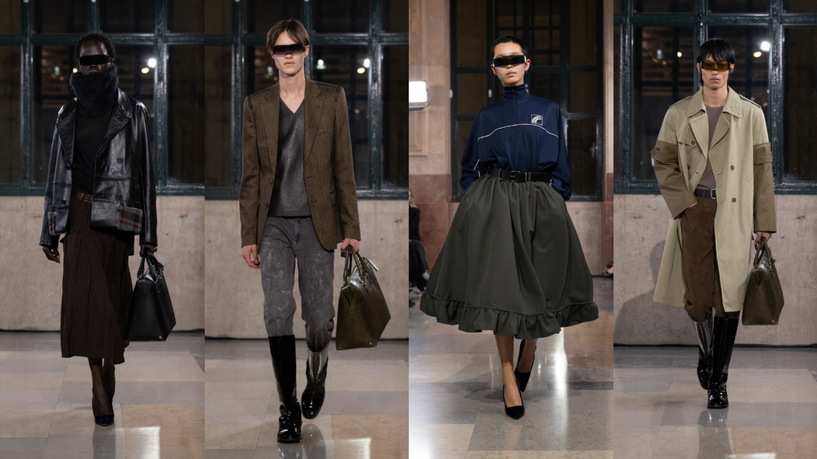 Looks del desfile MM6 Maison Margiela Otoño Invierno 2026 en Milano Centrale con siluetas minimalistas y gafas oversize.