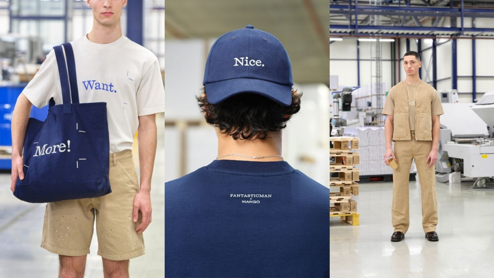 Looks de la colección Fantastic Man x Mango con prendas workwear y accesorios en entorno industrial