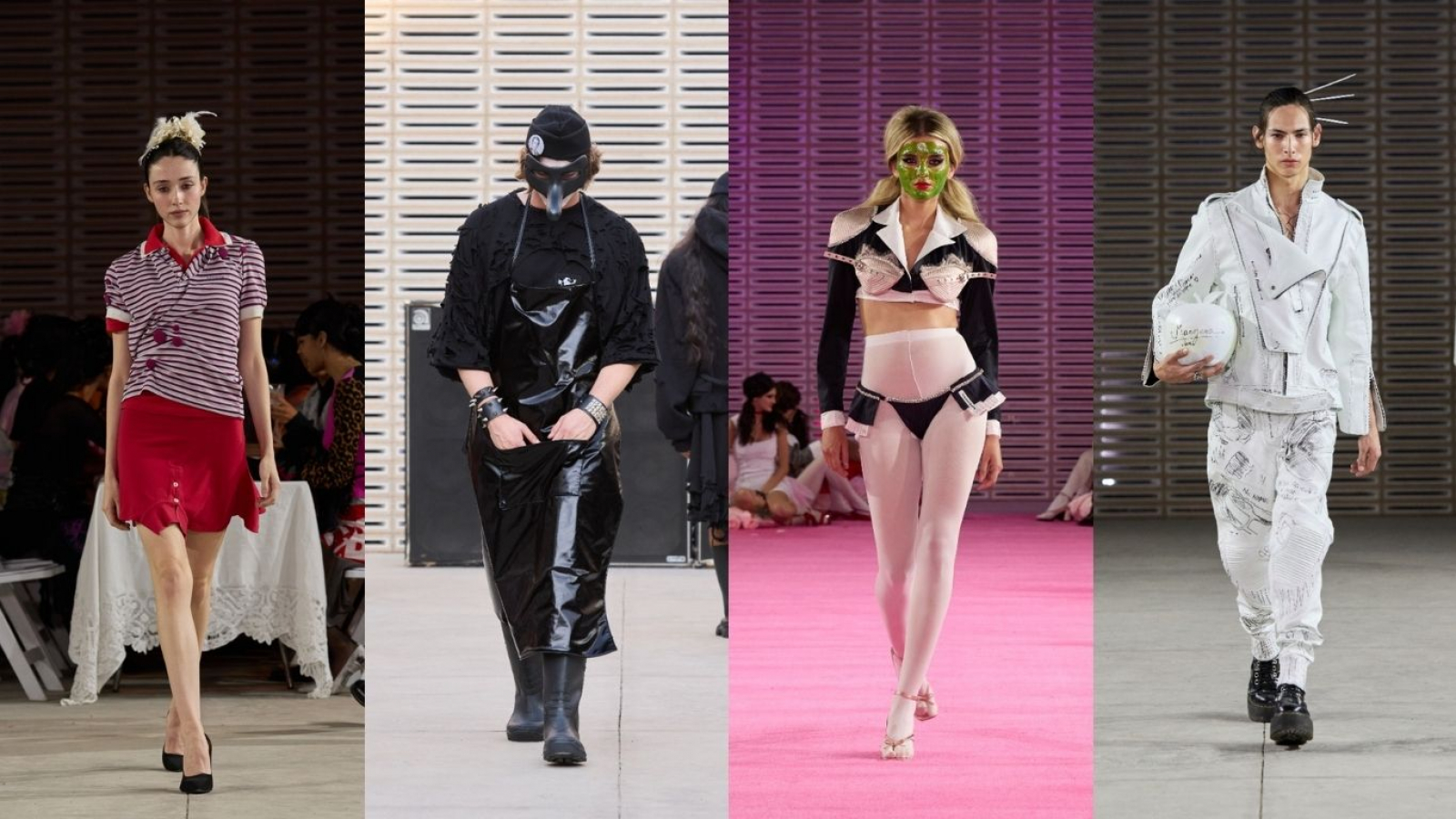 Modelos desfilan en pasarela con looks experimentales y contrastantes: desde un conjunto rojo de inspiración retro, un outfit oscuro con máscara y estética utilitaria, un look femenino con corsetería y maquillaje teatral, hasta un conjunto blanco de líneas estructuradas.