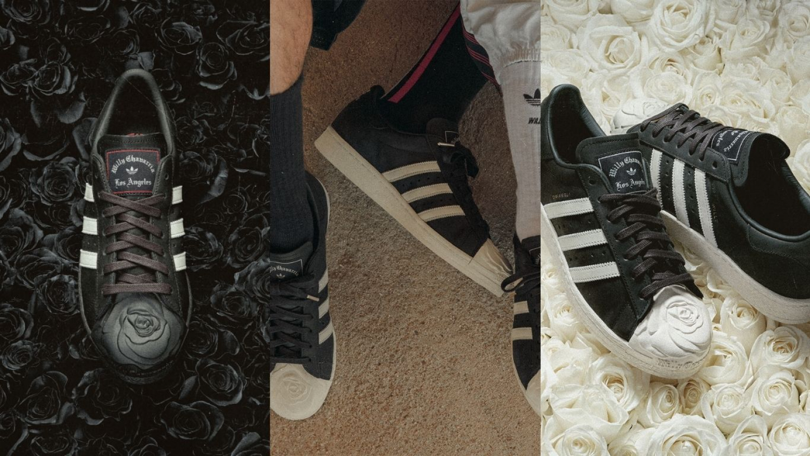 Tenis adidas Originals x Willy Chavarria Superstar en color negro y blanco con puntera en forma de rosa, presentados sobre fondos florales.