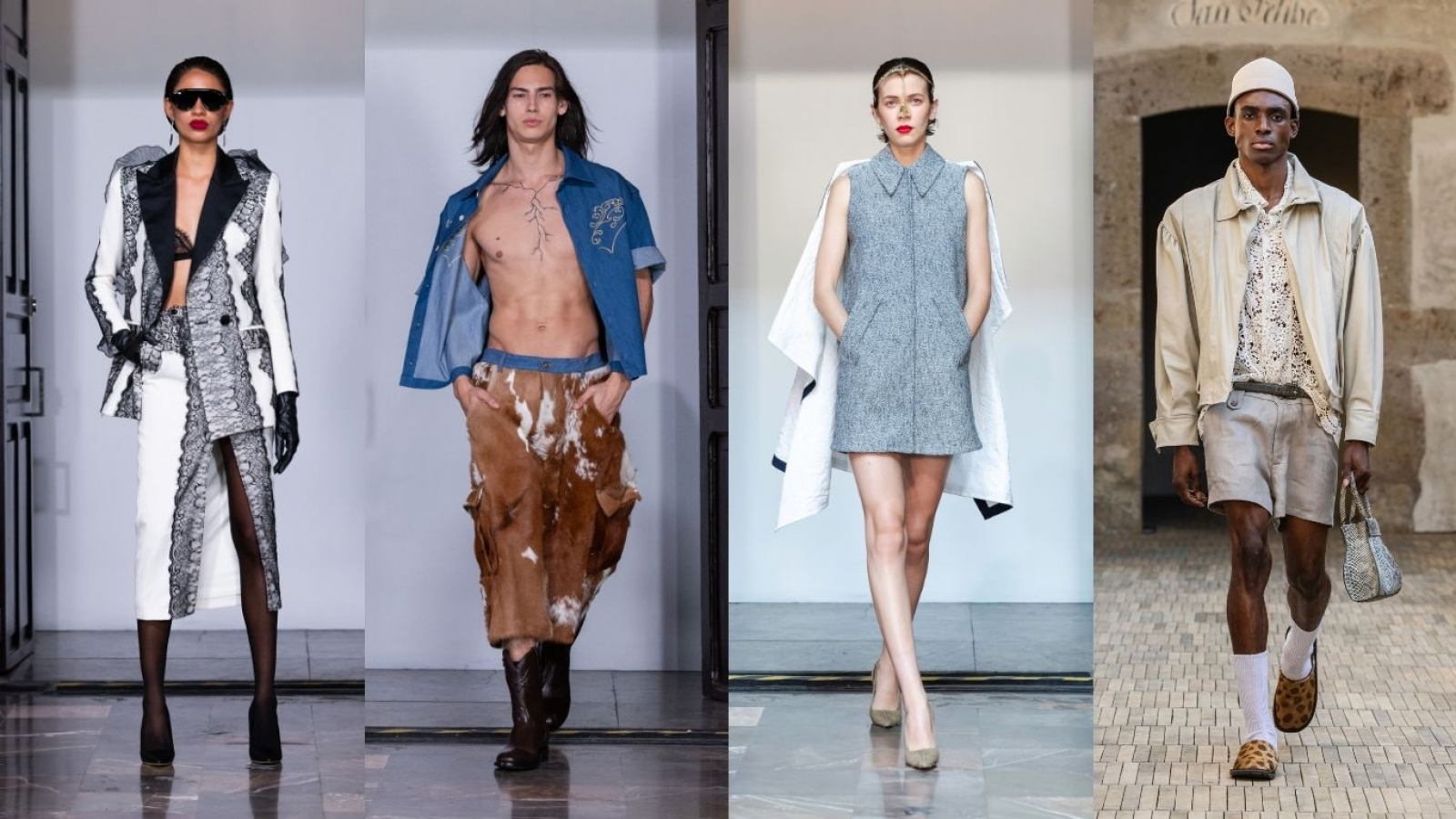 Modelos desfilan en pasarela con looks de distintas colecciones presentadas en Fashion Week México Guadalajara, mostrando propuestas que van desde sastrería estructurada y detalles artesanales hasta siluetas contemporáneas con inspiración mexicana.