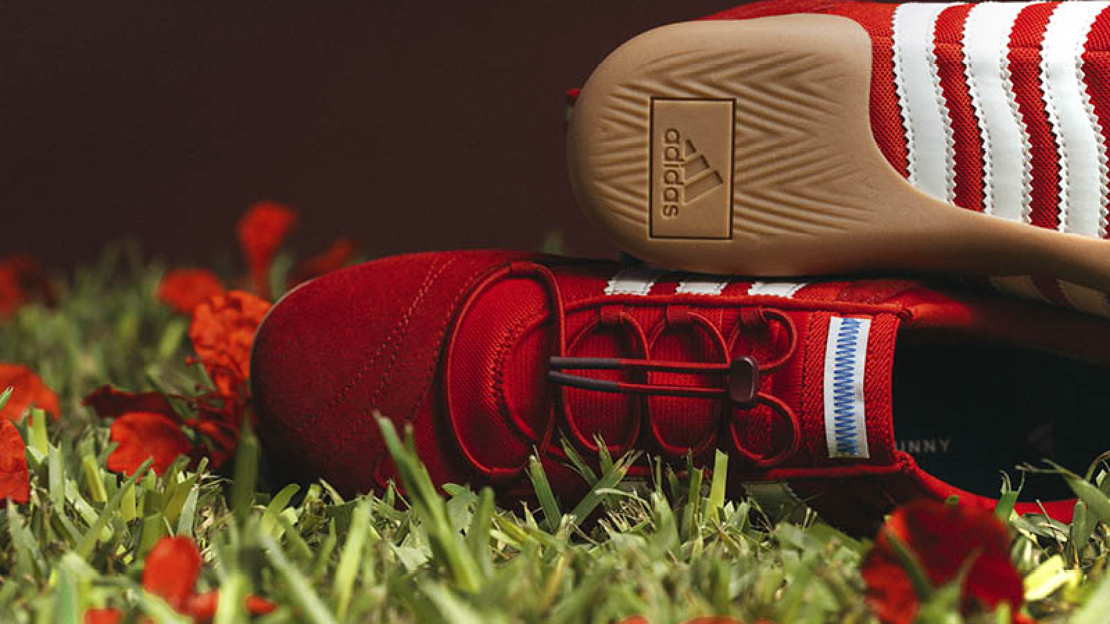 Detalle de las adidas x Bad Bunny Ballerina Vivid Red en color rojo intenso, colocadas sobre césped y rodeadas por flores Flamboyán que inspiran el diseño de la colección.