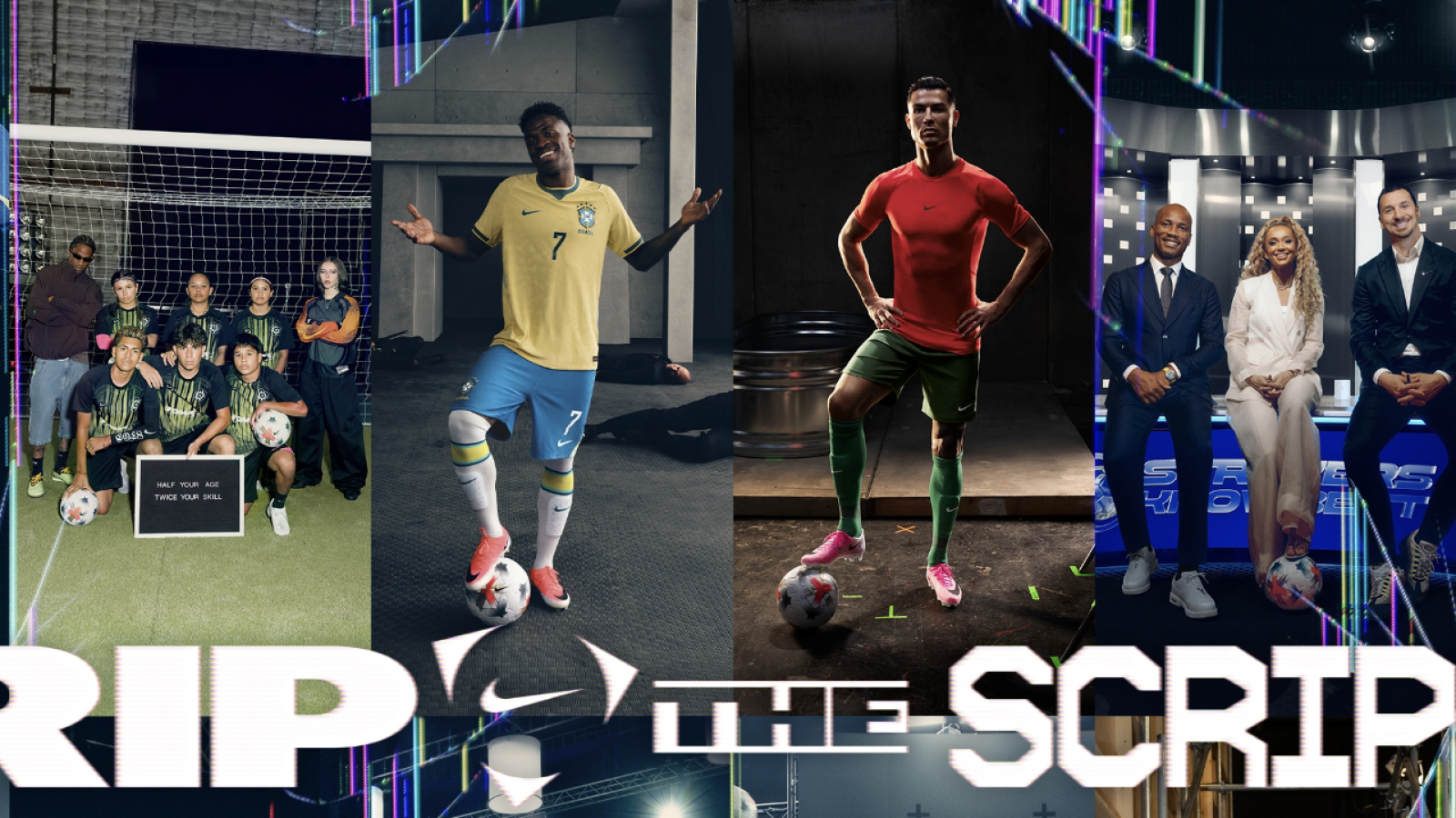 Campaña Nike Football Rip The Script con jugadores como Vinicius Jr., Cristiano Ronaldo y Erling Haaland junto a comunidades jóvenes de fútbol callejero.
